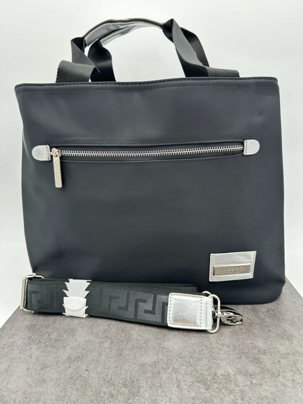 Versace Parfums Nylon Canvas Fashion Tote Bag Detachable Strap Black/Silver Tone